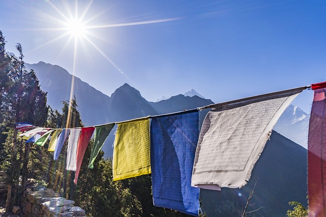 Himalayan-dawn drifts in Nepal for prayer flags and mountain light